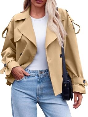 Cropped Trench Coat Double Breasted Windproof Polyester Jacket Small